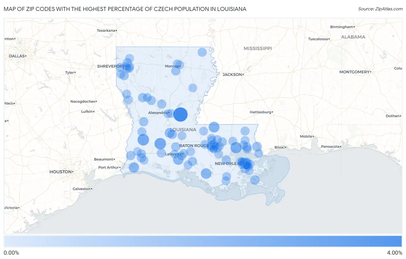 Zip Codes with the Highest Percentage of Czech Population in Louisiana Map