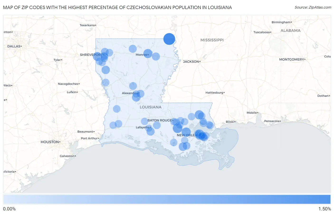 Zip Codes with the Highest Percentage of Czechoslovakian Population in Louisiana Map