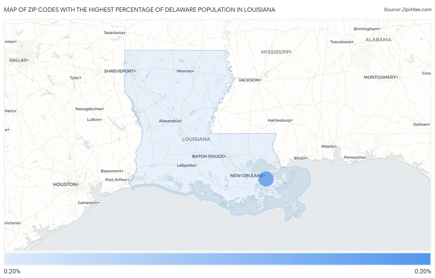 Zip Codes with the Highest Percentage of Delaware Population in Louisiana Map