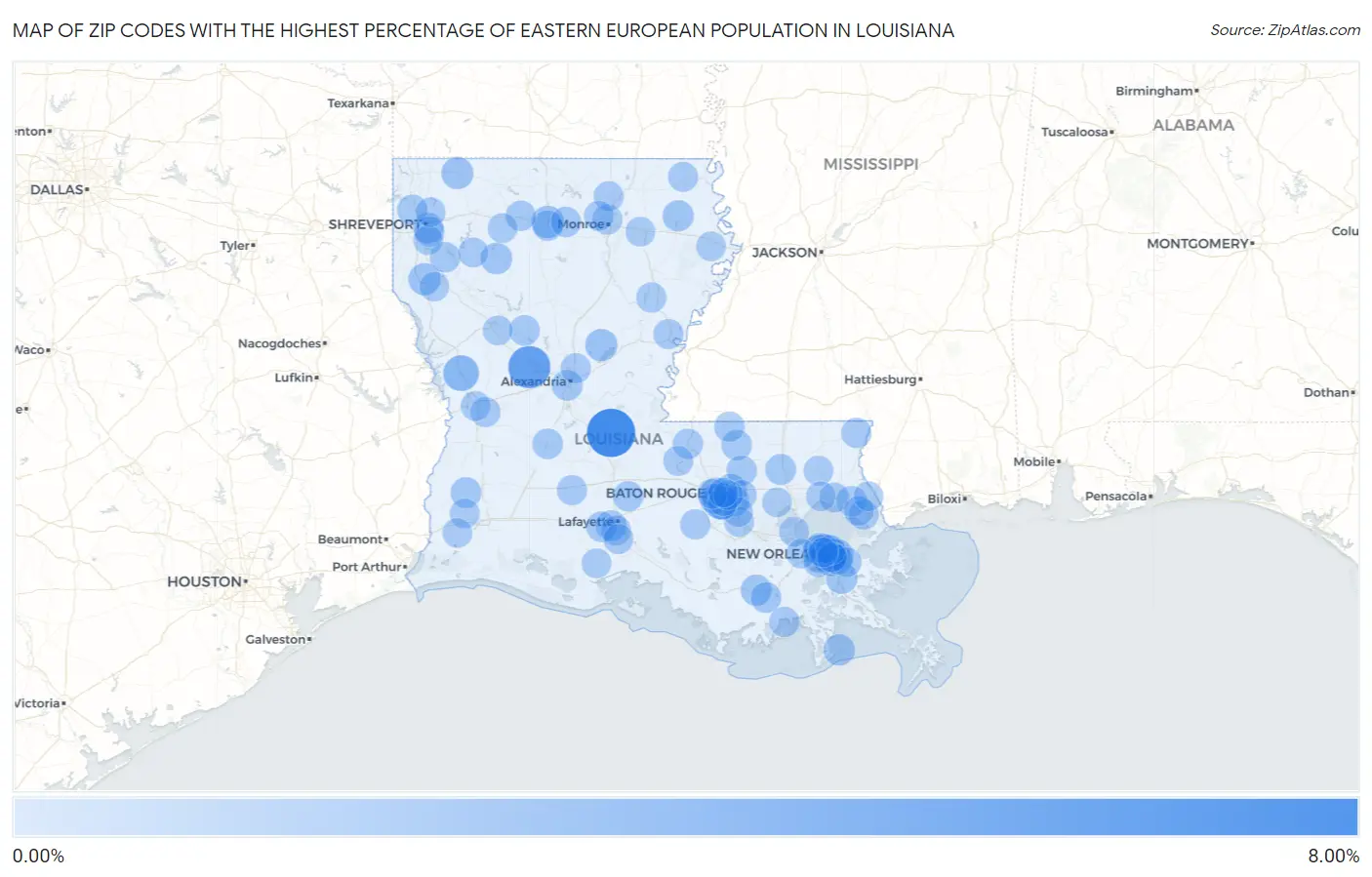 Zip Codes with the Highest Percentage of Eastern European Population in Louisiana Map