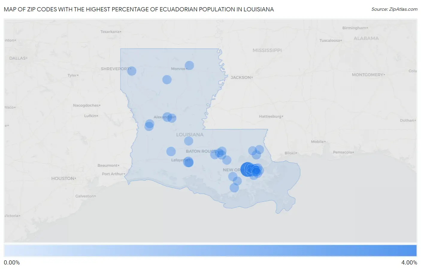 Zip Codes with the Highest Percentage of Ecuadorian Population in Louisiana Map