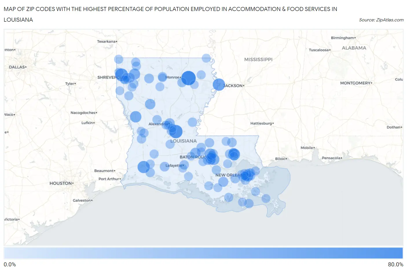 Zip Codes with the Highest Percentage of Population Employed in Accommodation & Food Services in Louisiana Map