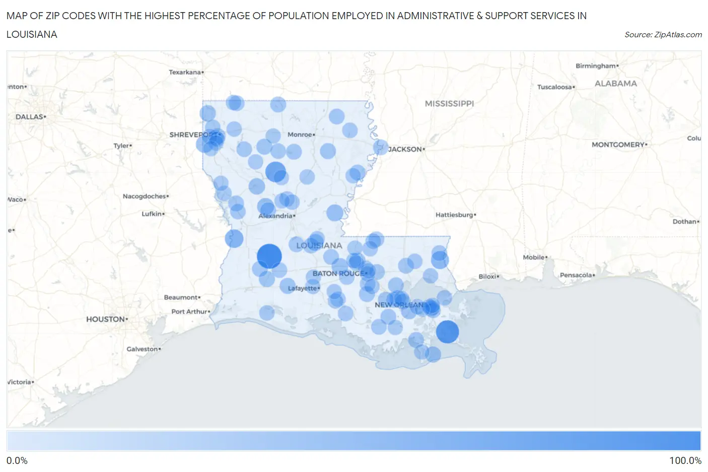 Zip Codes with the Highest Percentage of Population Employed in Administrative & Support Services in Louisiana Map