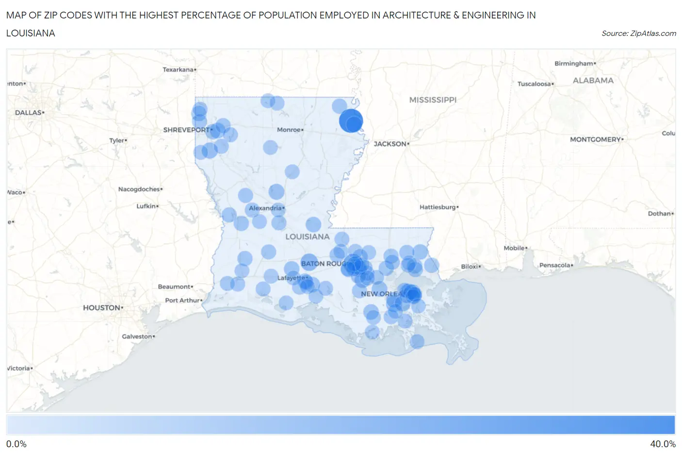 Zip Codes with the Highest Percentage of Population Employed in Architecture & Engineering in Louisiana Map