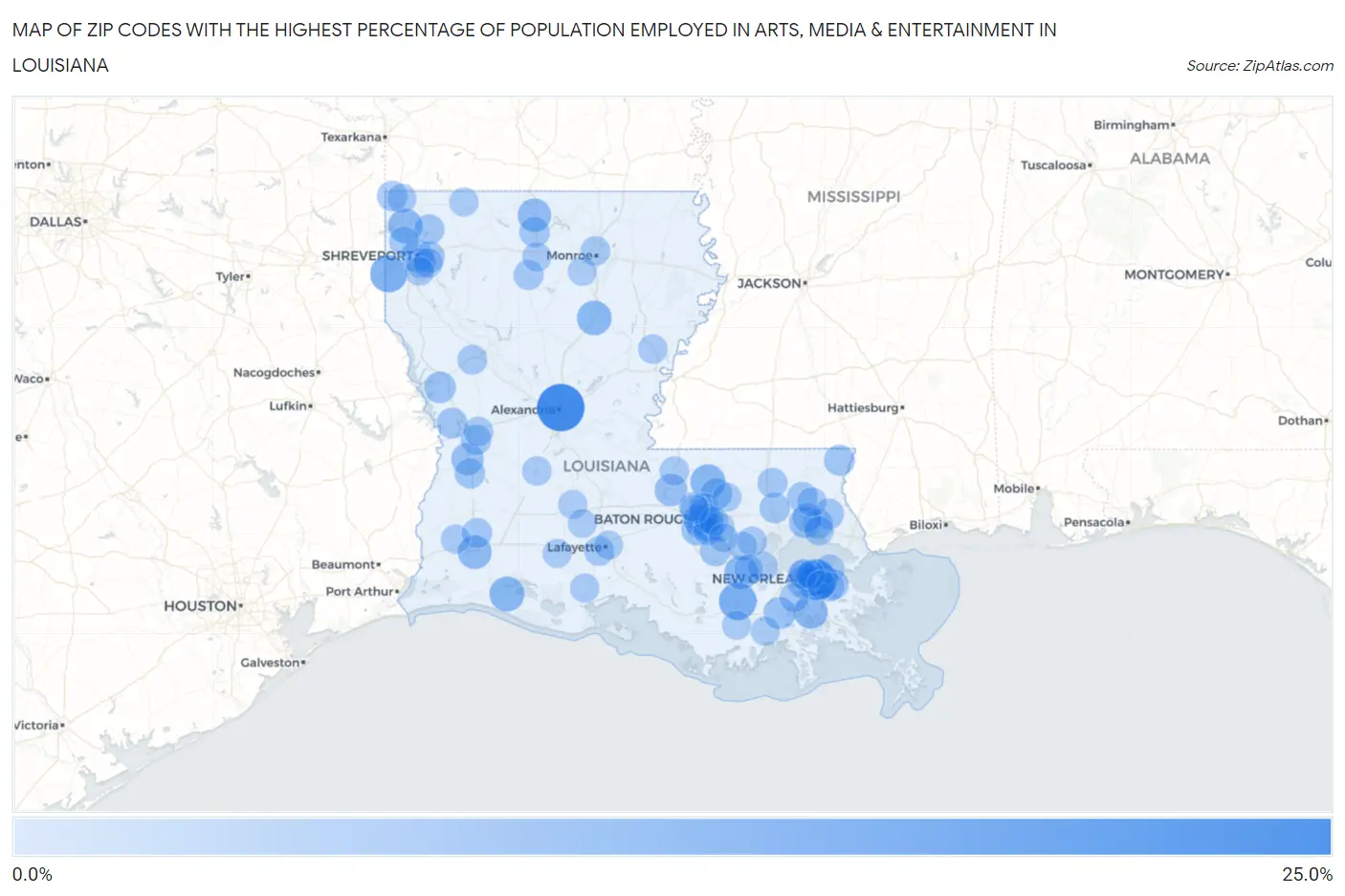 Zip Codes with the Highest Percentage of Population Employed in Arts, Media & Entertainment in Louisiana Map