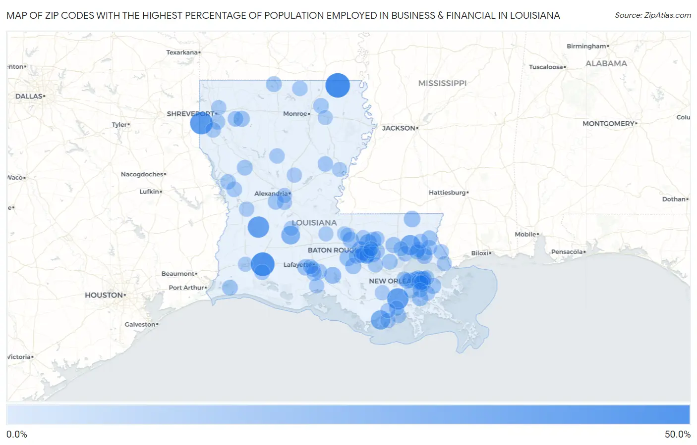 Zip Codes with the Highest Percentage of Population Employed in Business & Financial in Louisiana Map