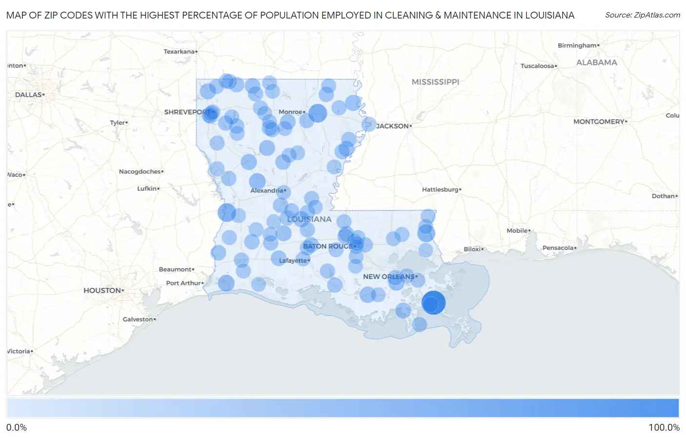 Zip Codes with the Highest Percentage of Population Employed in Cleaning & Maintenance in Louisiana Map