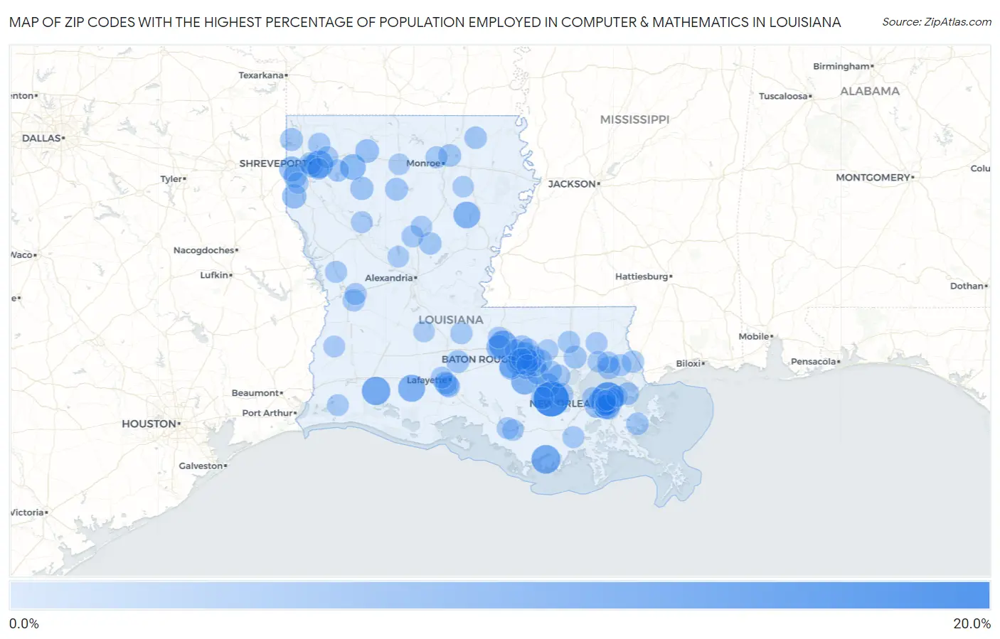 Zip Codes with the Highest Percentage of Population Employed in Computer & Mathematics in Louisiana Map