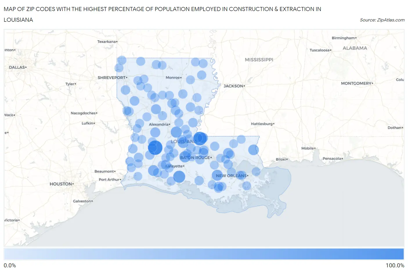 Zip Codes with the Highest Percentage of Population Employed in Construction & Extraction in Louisiana Map