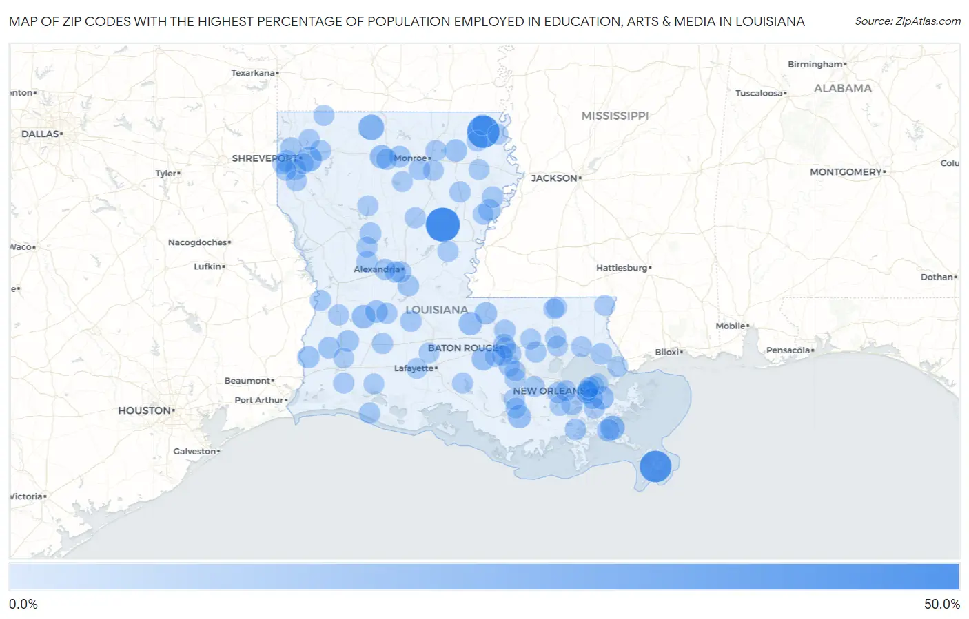 Zip Codes with the Highest Percentage of Population Employed in Education, Arts & Media in Louisiana Map