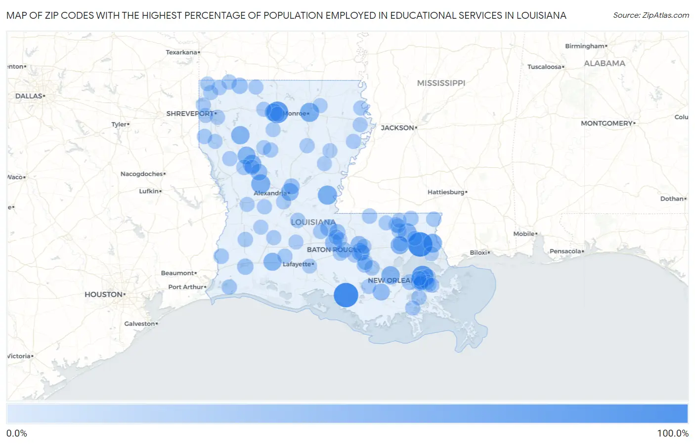 Zip Codes with the Highest Percentage of Population Employed in Educational Services in Louisiana Map