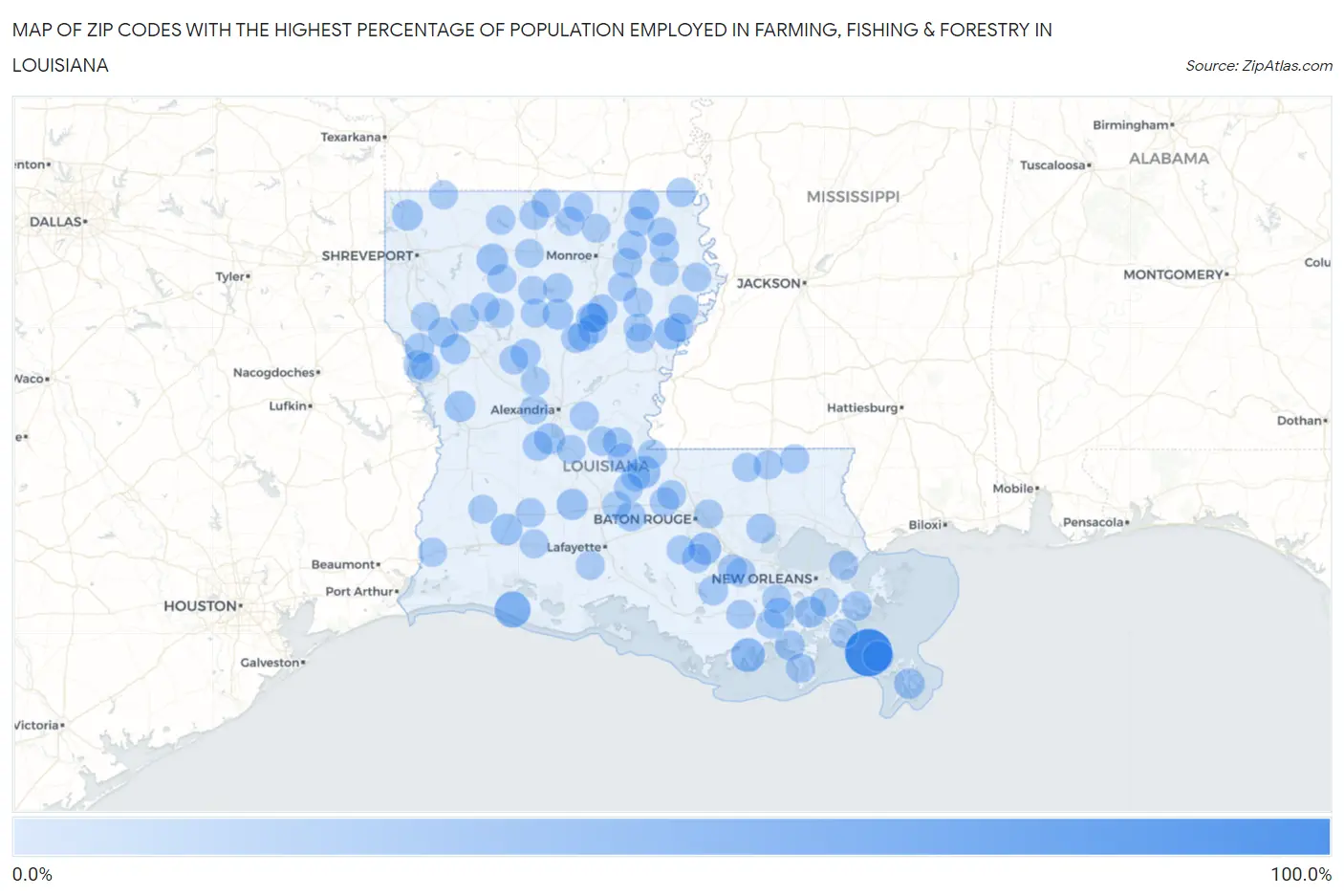 Zip Codes with the Highest Percentage of Population Employed in Farming, Fishing & Forestry in Louisiana Map