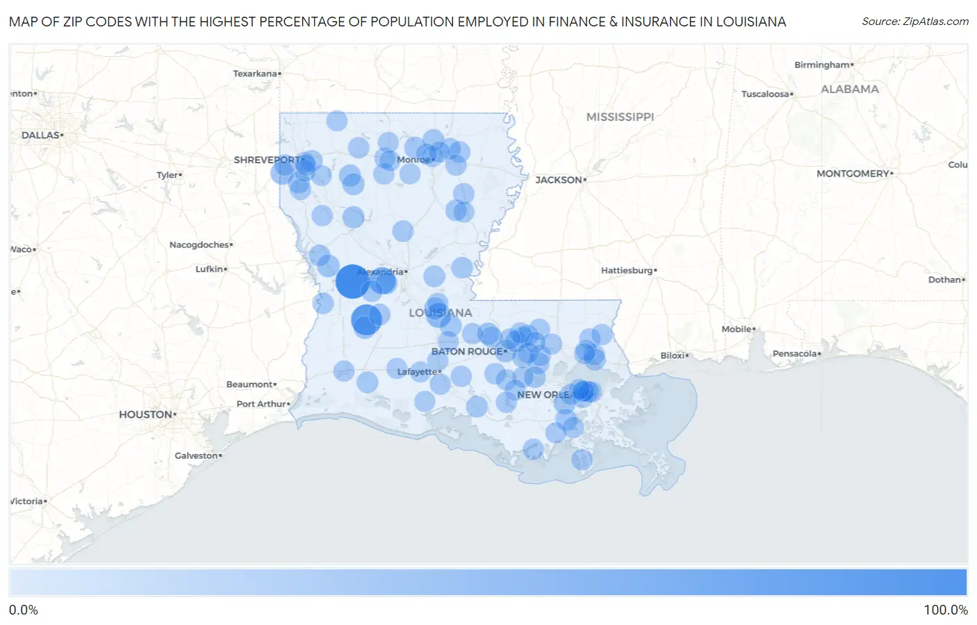 Zip Codes with the Highest Percentage of Population Employed in Finance & Insurance in Louisiana Map