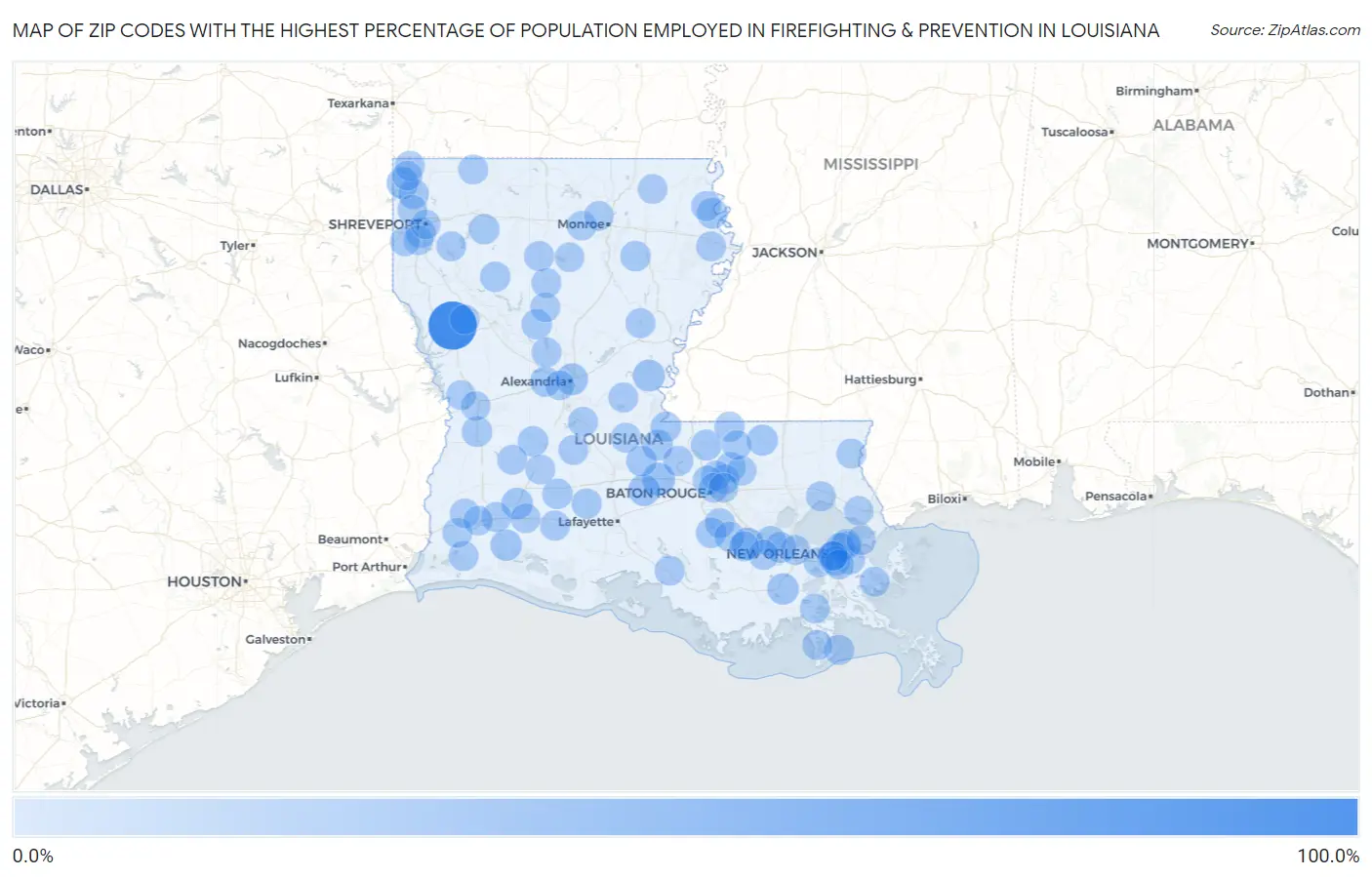 Zip Codes with the Highest Percentage of Population Employed in Firefighting & Prevention in Louisiana Map