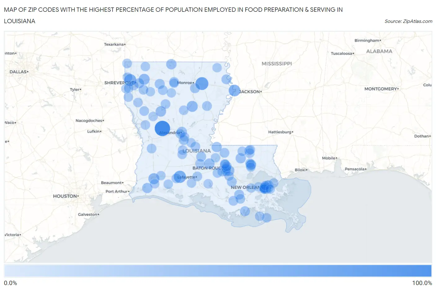 Zip Codes with the Highest Percentage of Population Employed in Food Preparation & Serving in Louisiana Map