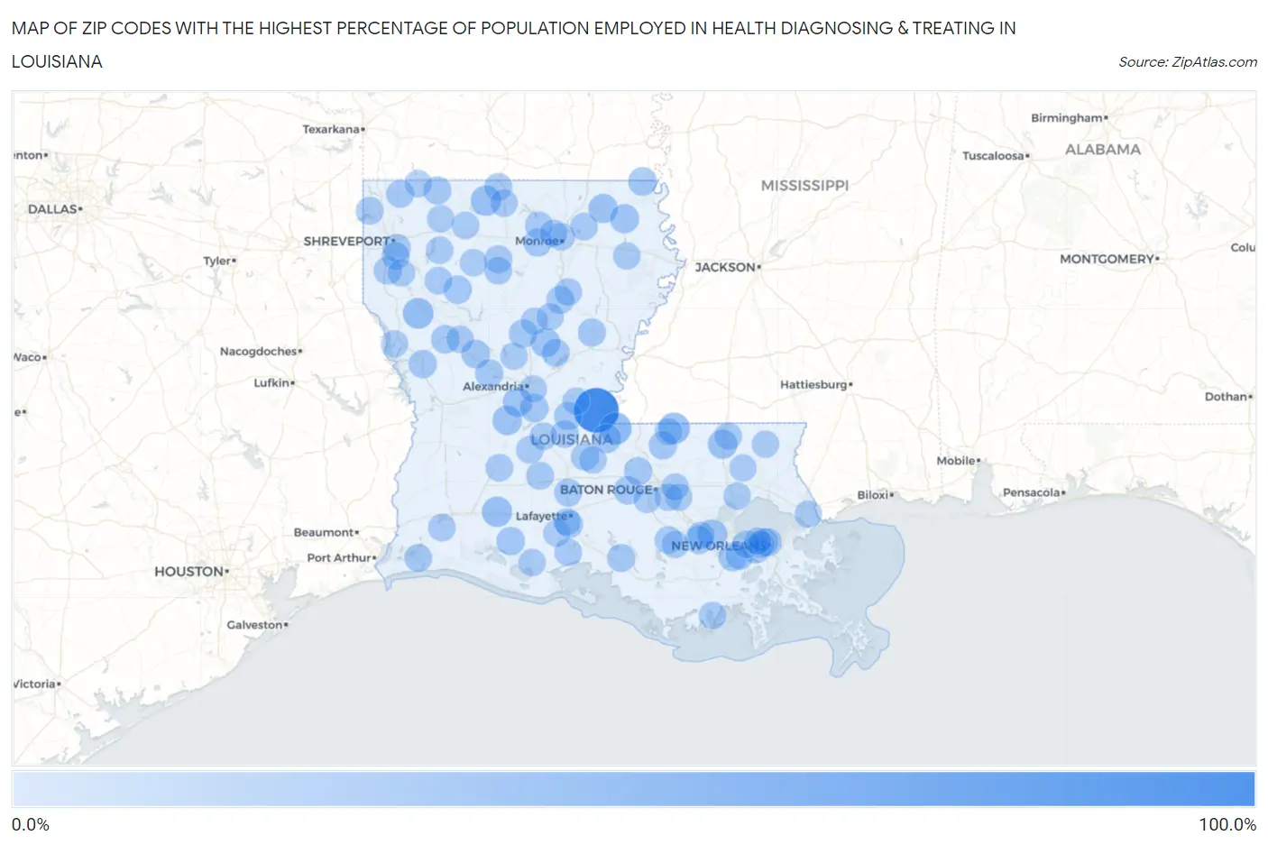Zip Codes with the Highest Percentage of Population Employed in Health Diagnosing & Treating in Louisiana Map