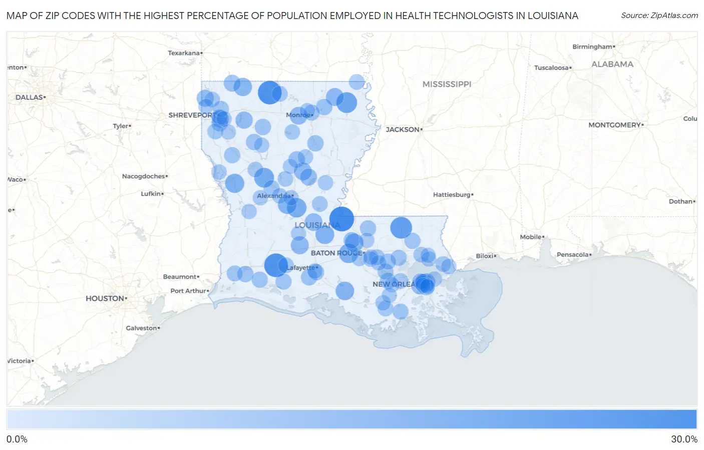 Zip Codes with the Highest Percentage of Population Employed in Health Technologists in Louisiana Map