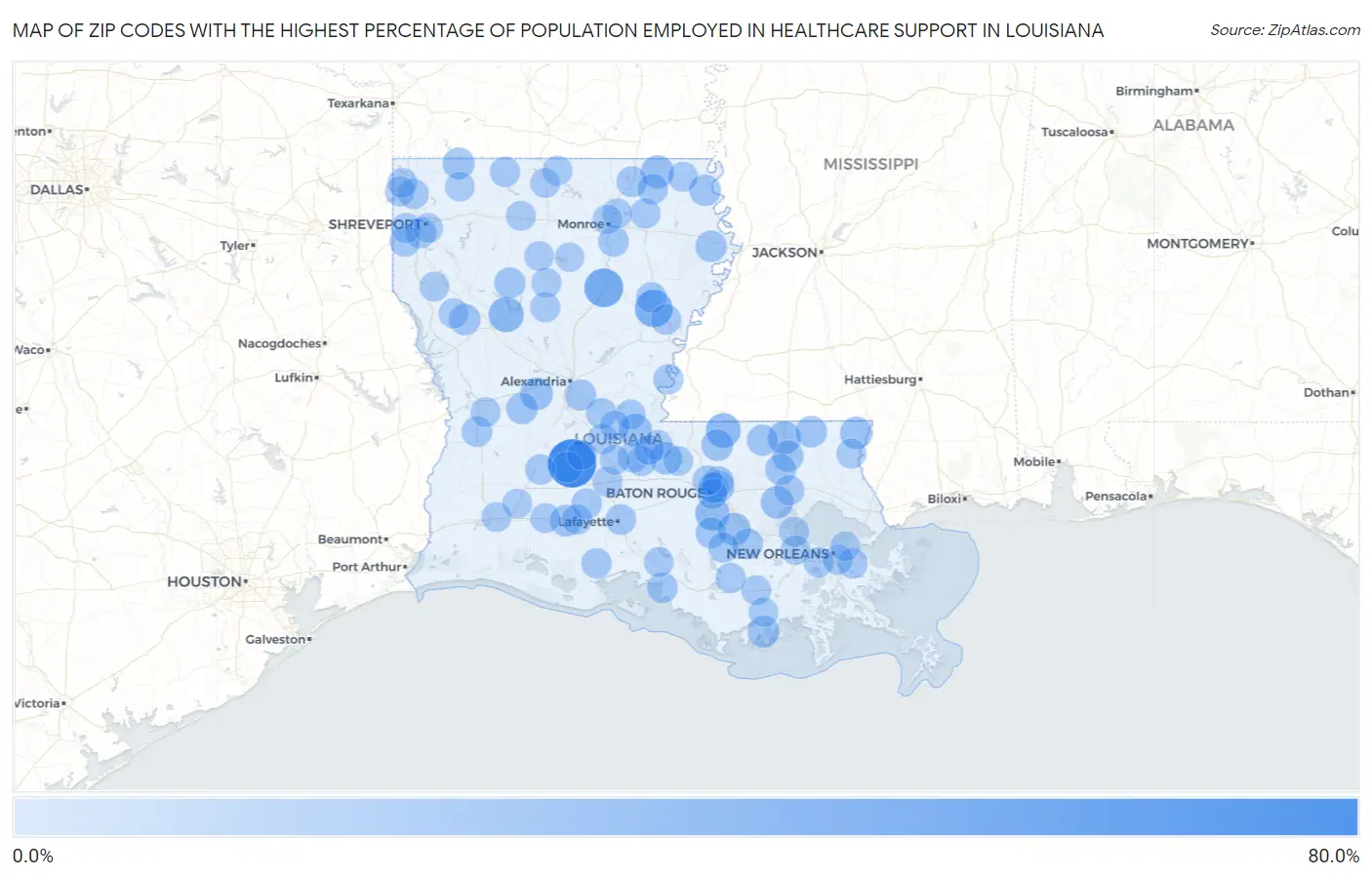 Zip Codes with the Highest Percentage of Population Employed in Healthcare Support in Louisiana Map