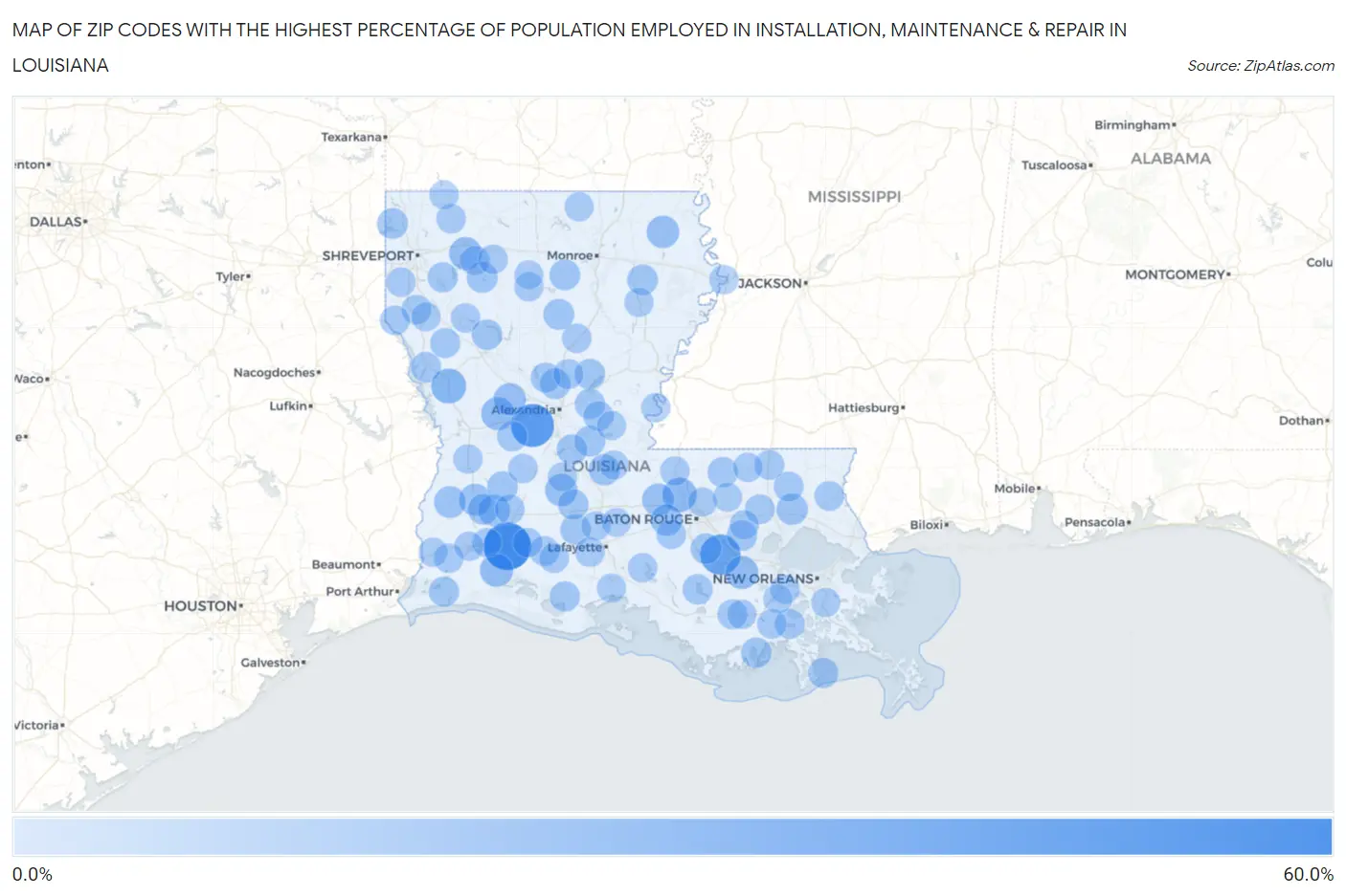 Zip Codes with the Highest Percentage of Population Employed in Installation, Maintenance & Repair in Louisiana Map