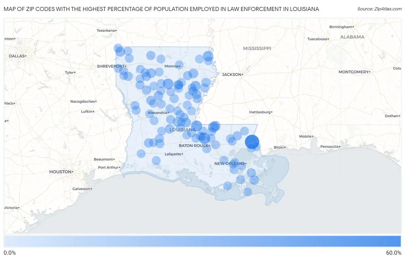 Zip Codes with the Highest Percentage of Population Employed in Law Enforcement in Louisiana Map