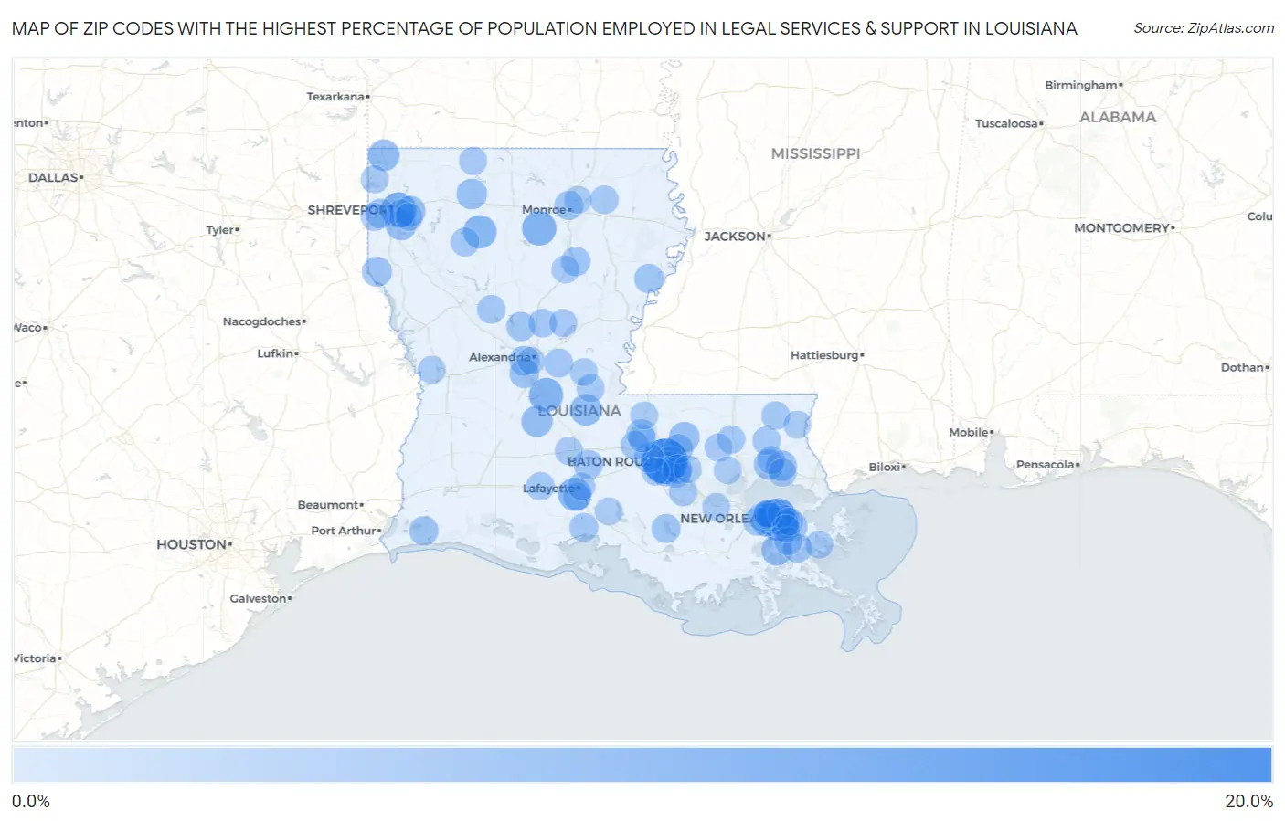 Zip Codes with the Highest Percentage of Population Employed in Legal Services & Support in Louisiana Map