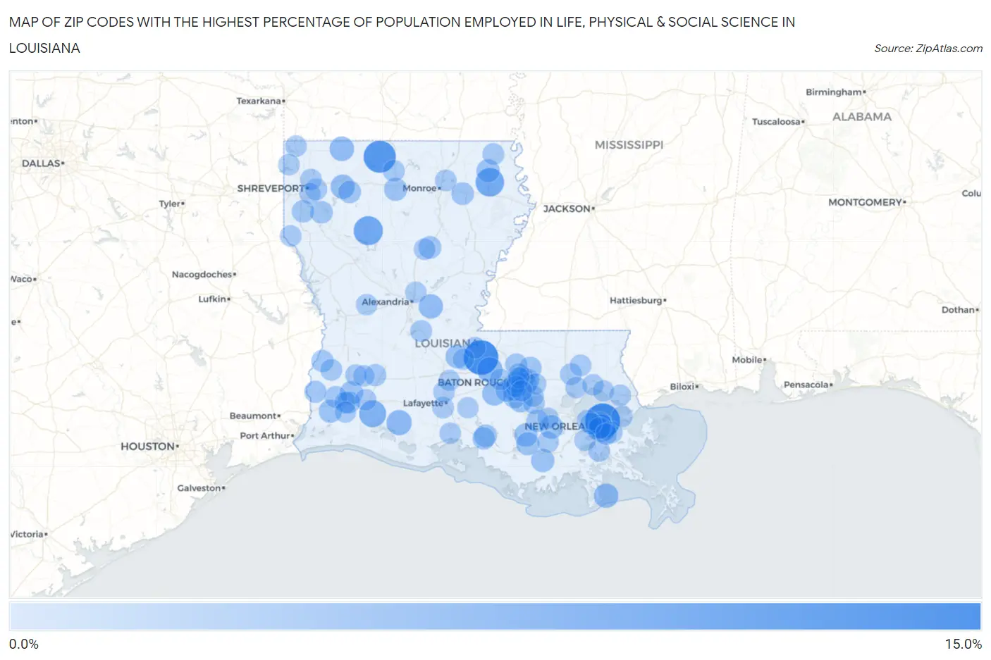 Zip Codes with the Highest Percentage of Population Employed in Life, Physical & Social Science in Louisiana Map