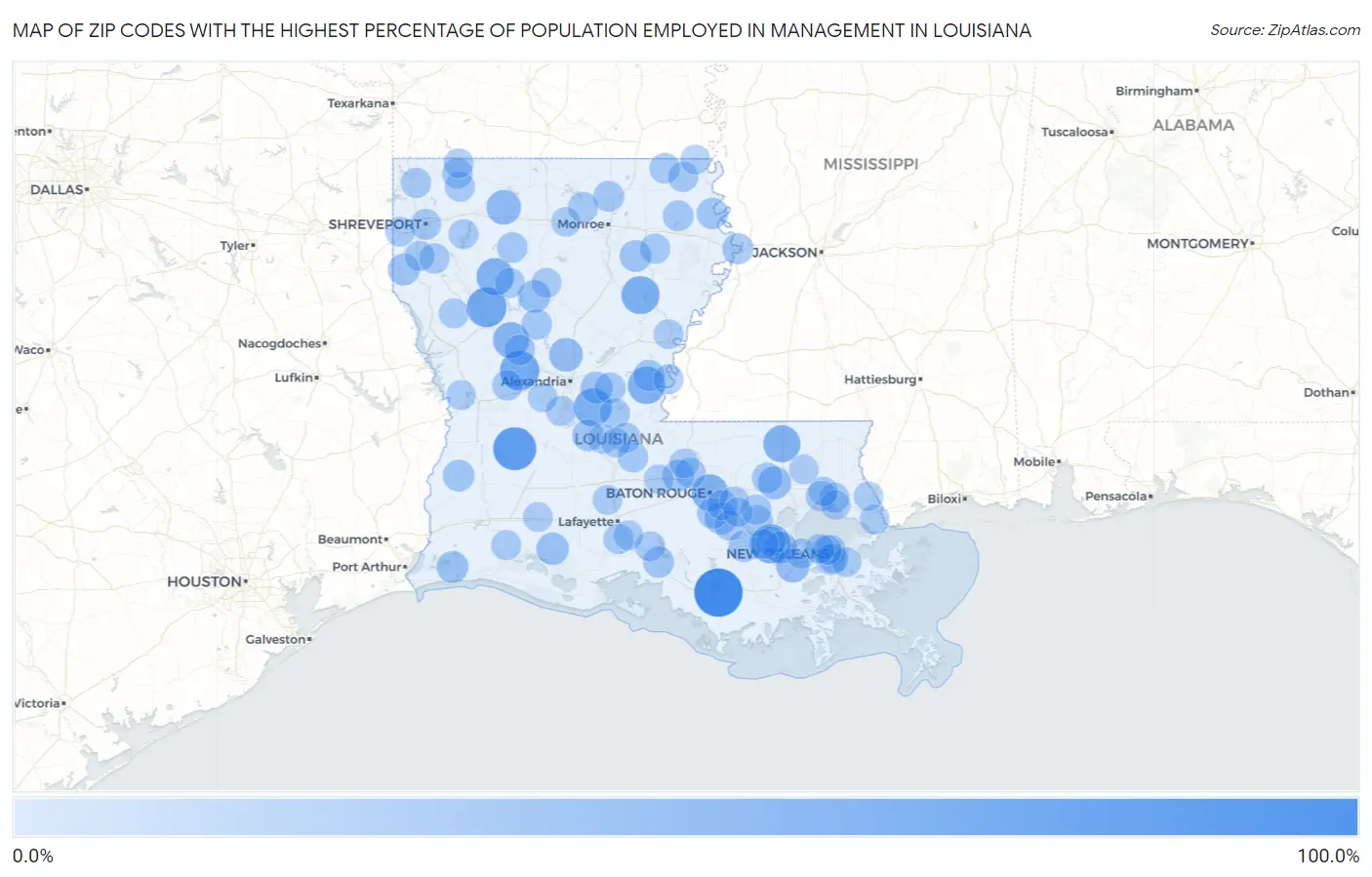 Zip Codes with the Highest Percentage of Population Employed in Management in Louisiana Map