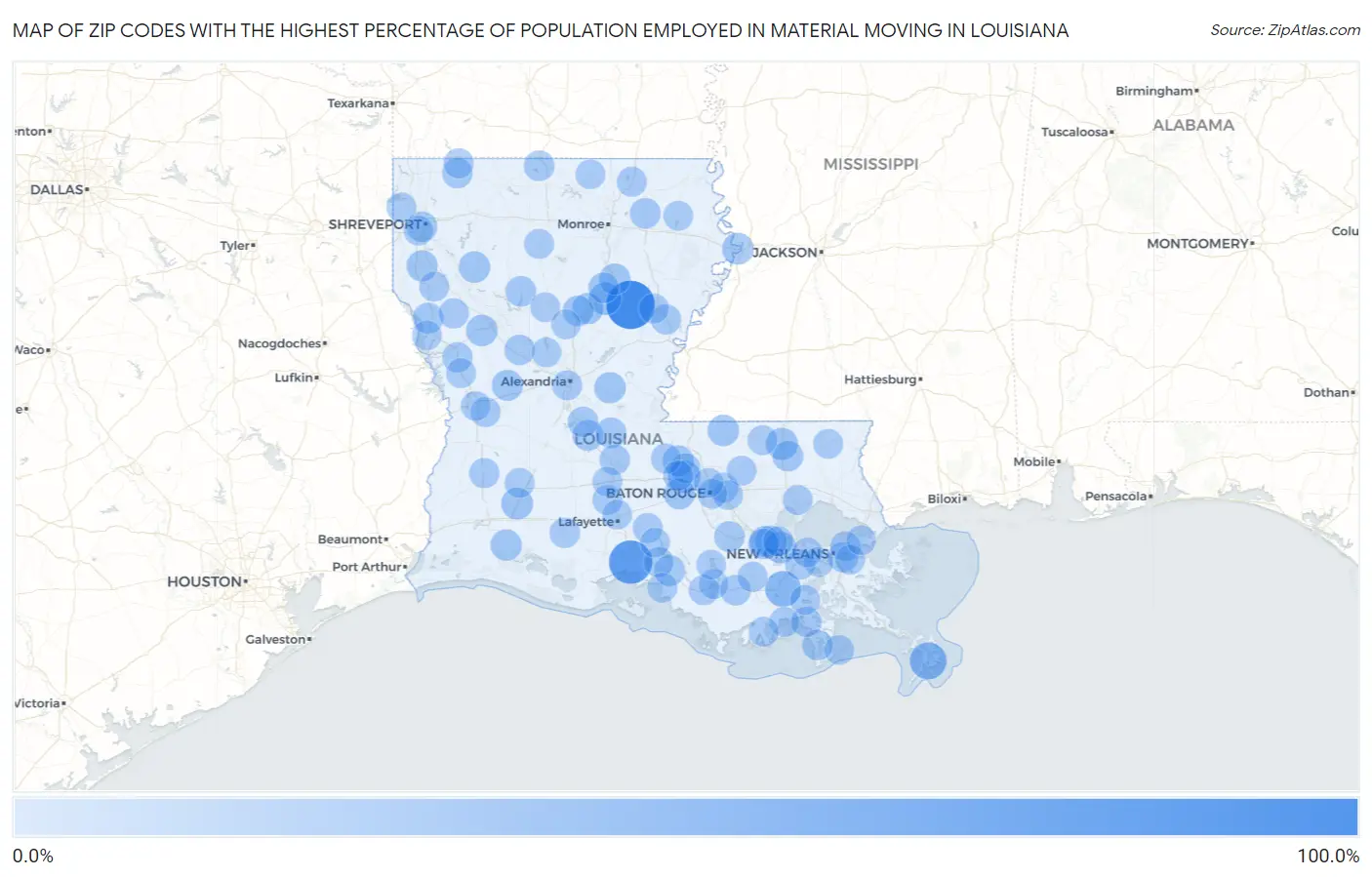 Zip Codes with the Highest Percentage of Population Employed in Material Moving in Louisiana Map