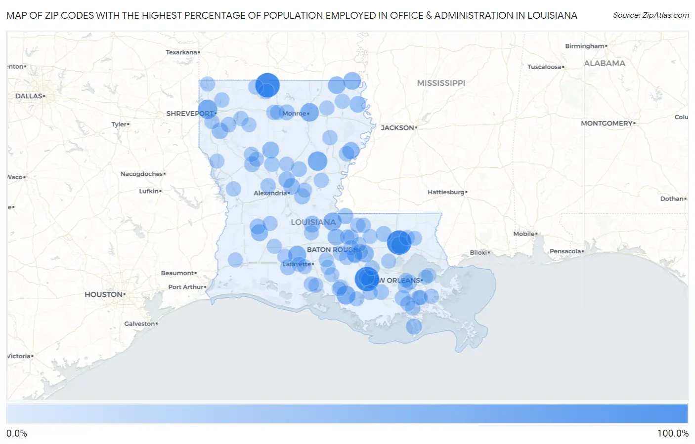 Zip Codes with the Highest Percentage of Population Employed in Office & Administration in Louisiana Map