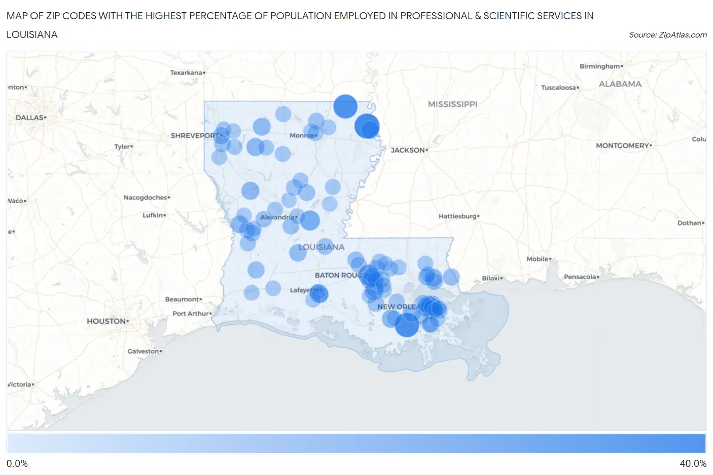 Zip Codes with the Highest Percentage of Population Employed in Professional & Scientific Services in Louisiana Map