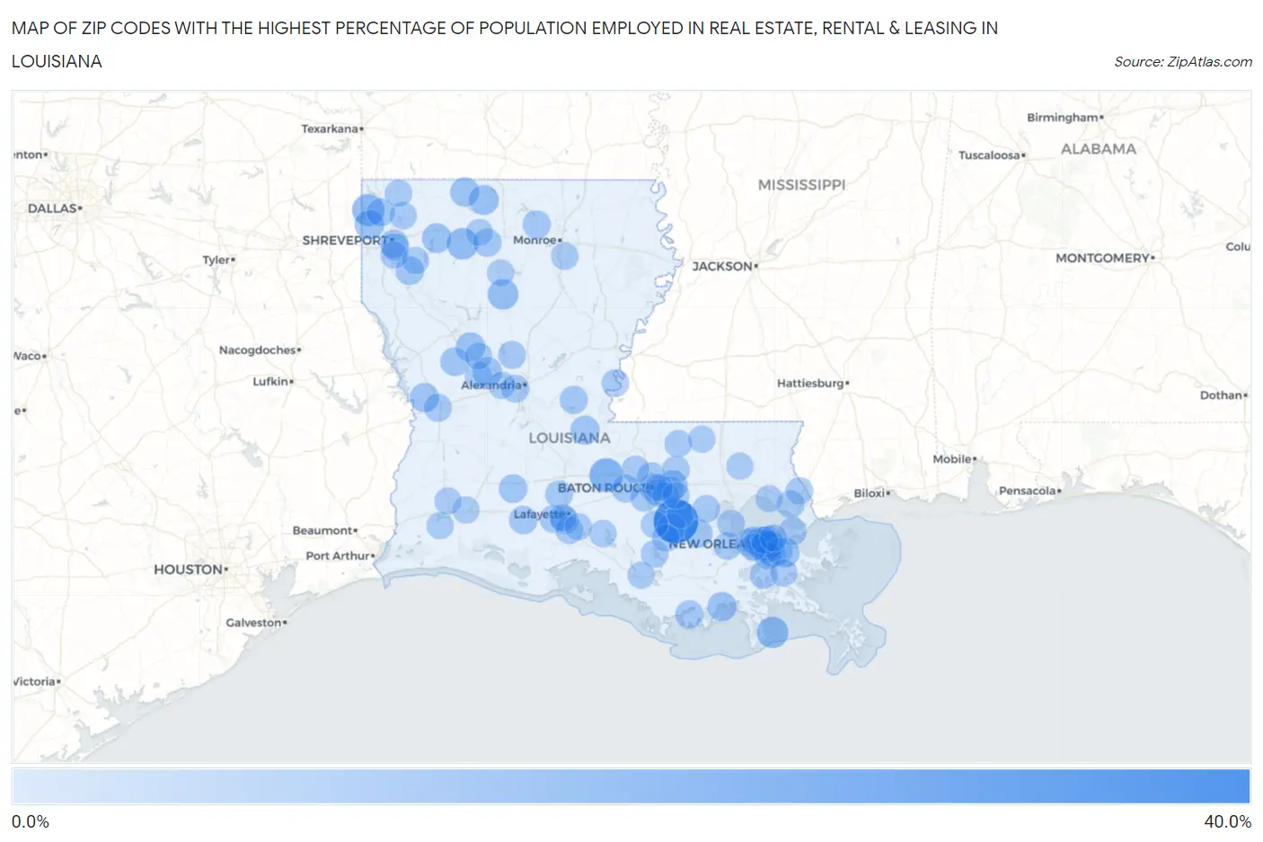 Zip Codes with the Highest Percentage of Population Employed in Real Estate, Rental & Leasing in Louisiana Map