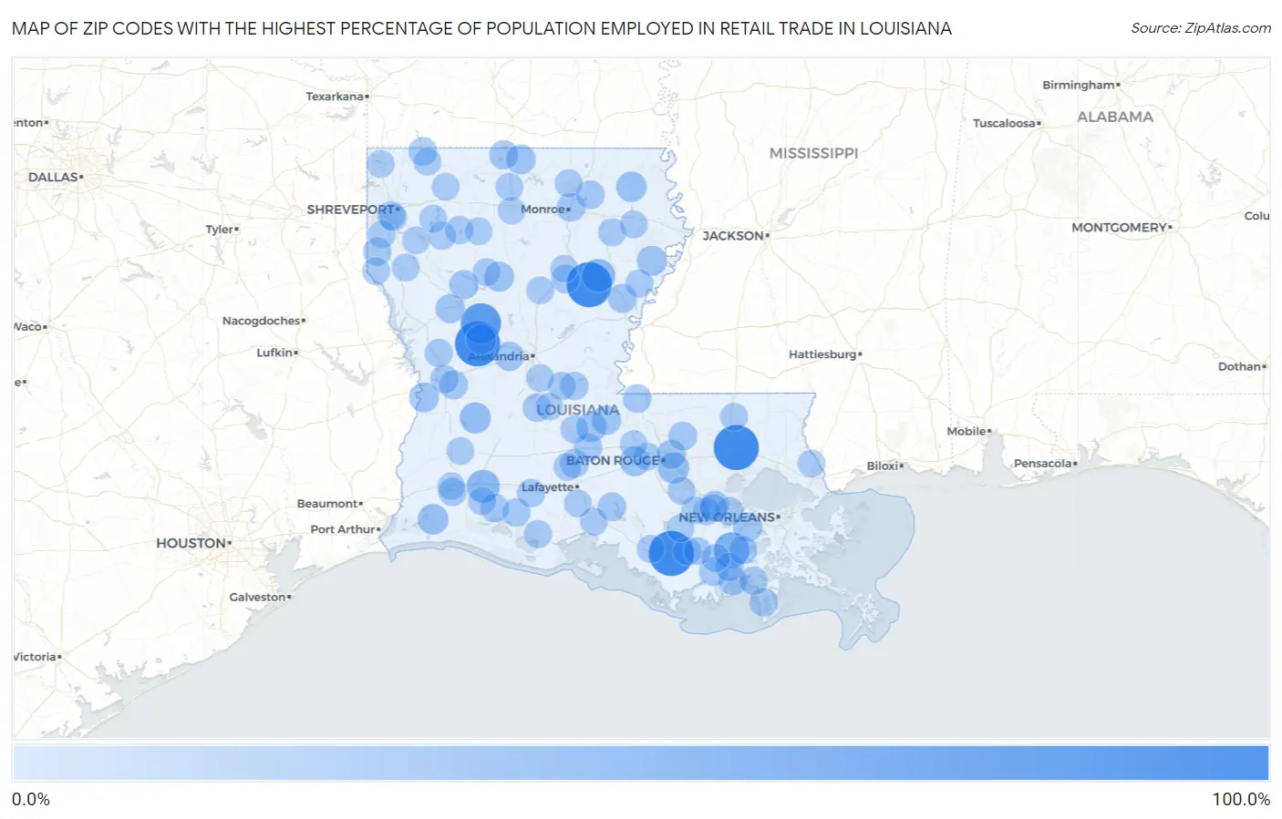 Zip Codes with the Highest Percentage of Population Employed in Retail Trade in Louisiana Map
