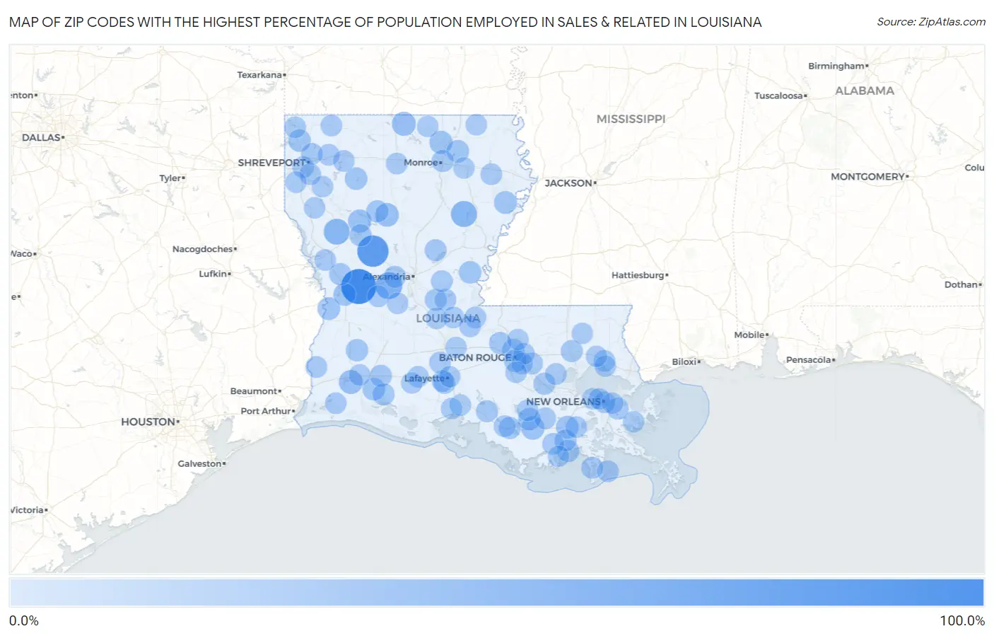 Zip Codes with the Highest Percentage of Population Employed in Sales & Related in Louisiana Map