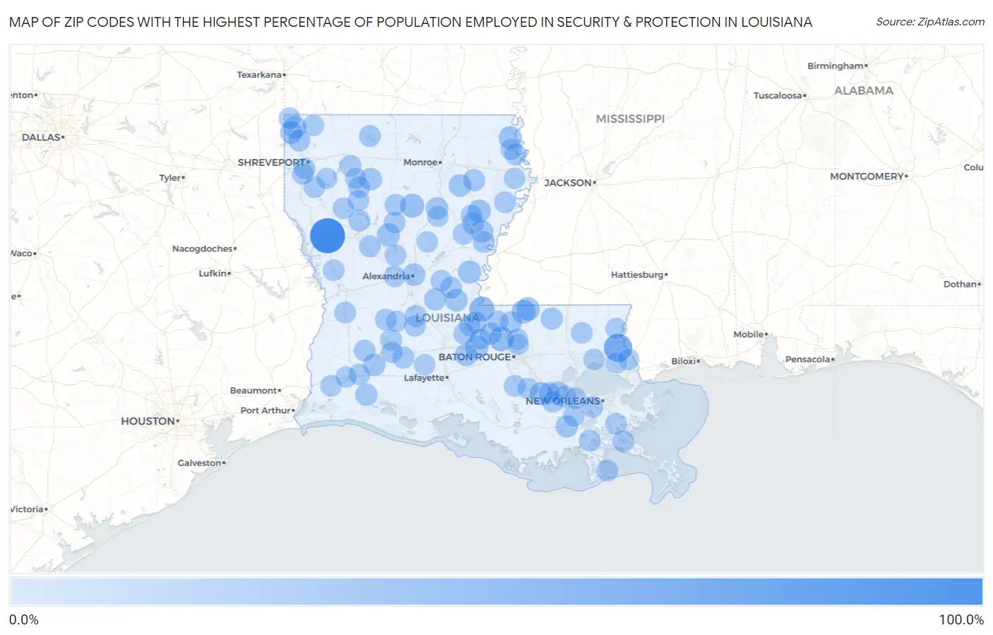 Zip Codes with the Highest Percentage of Population Employed in Security & Protection in Louisiana Map