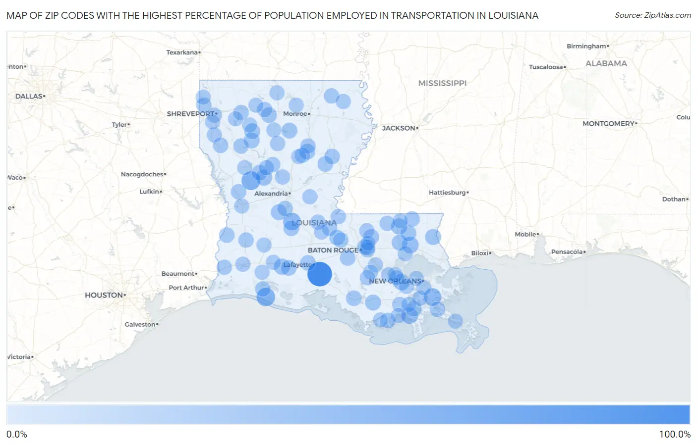 Zip Codes with the Highest Percentage of Population Employed in Transportation in Louisiana Map