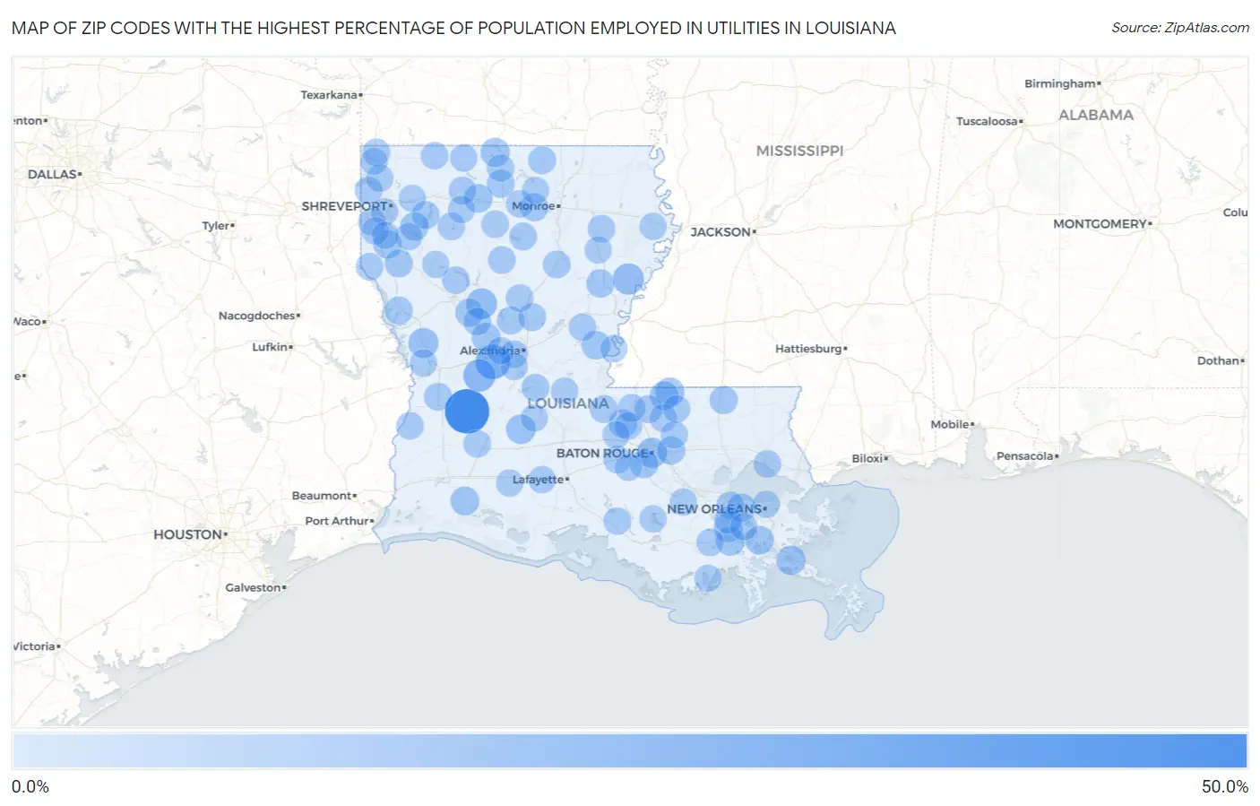 Zip Codes with the Highest Percentage of Population Employed in Utilities in Louisiana Map