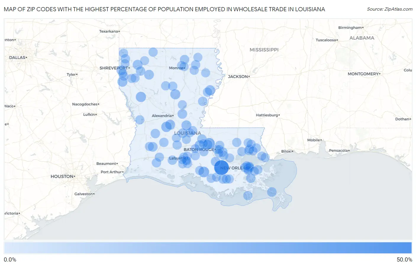 Zip Codes with the Highest Percentage of Population Employed in Wholesale Trade in Louisiana Map