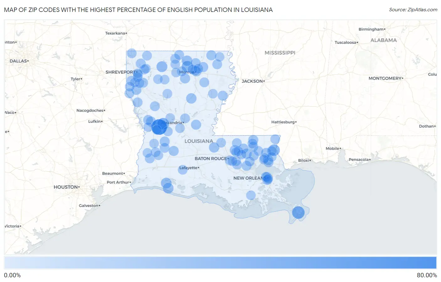Zip Codes with the Highest Percentage of English Population in Louisiana Map
