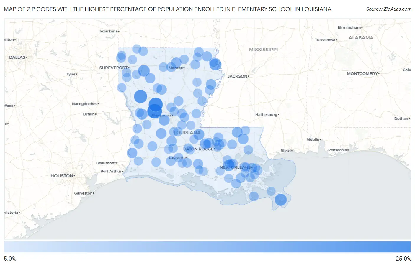 Zip Codes with the Highest Percentage of Population Enrolled in Elementary School in Louisiana Map