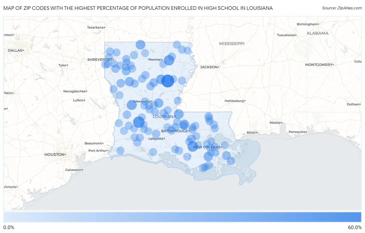 Zip Codes with the Highest Percentage of Population Enrolled in High School in Louisiana Map