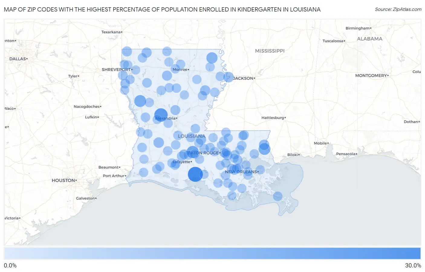 Zip Codes with the Highest Percentage of Population Enrolled in Kindergarten in Louisiana Map