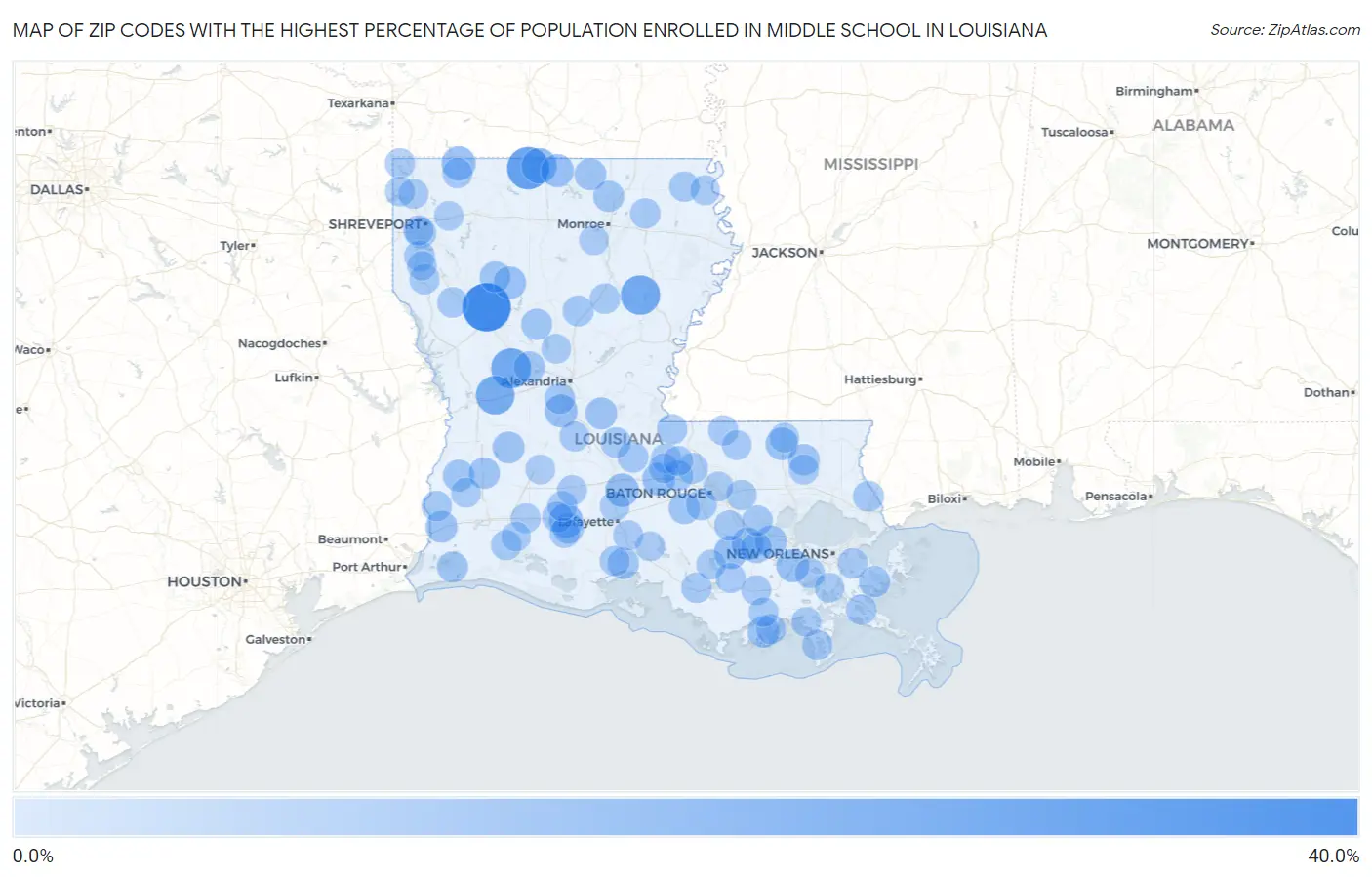 Zip Codes with the Highest Percentage of Population Enrolled in Middle School in Louisiana Map