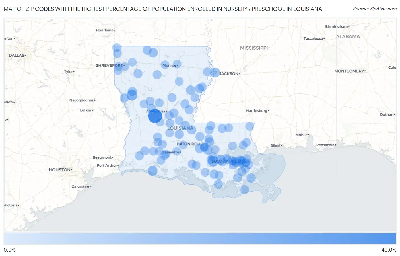 Zip Codes with the Highest Percentage of Population Enrolled in Nursery / Preschool in Louisiana Map
