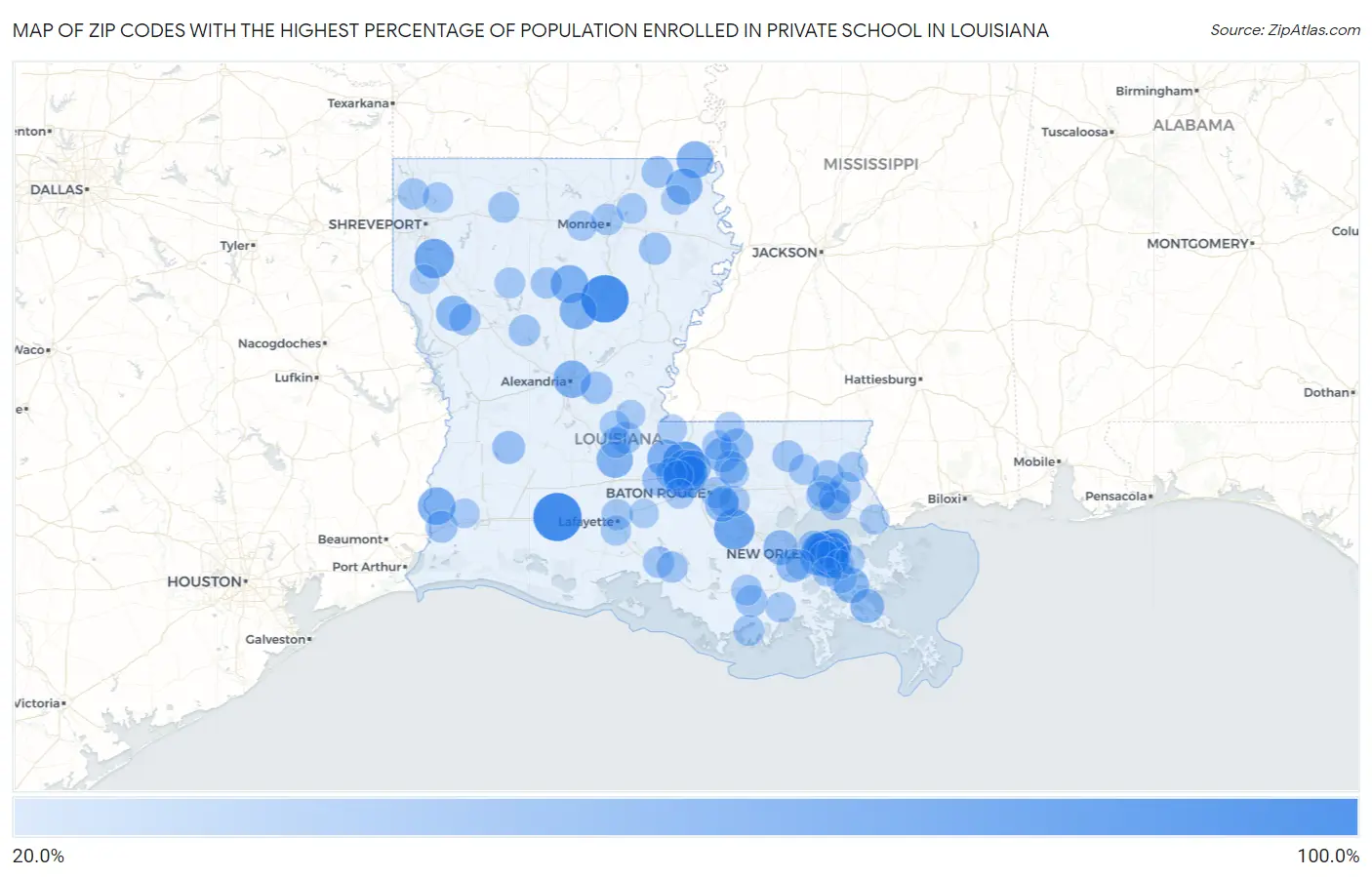 Zip Codes with the Highest Percentage of Population Enrolled in Private School in Louisiana Map
