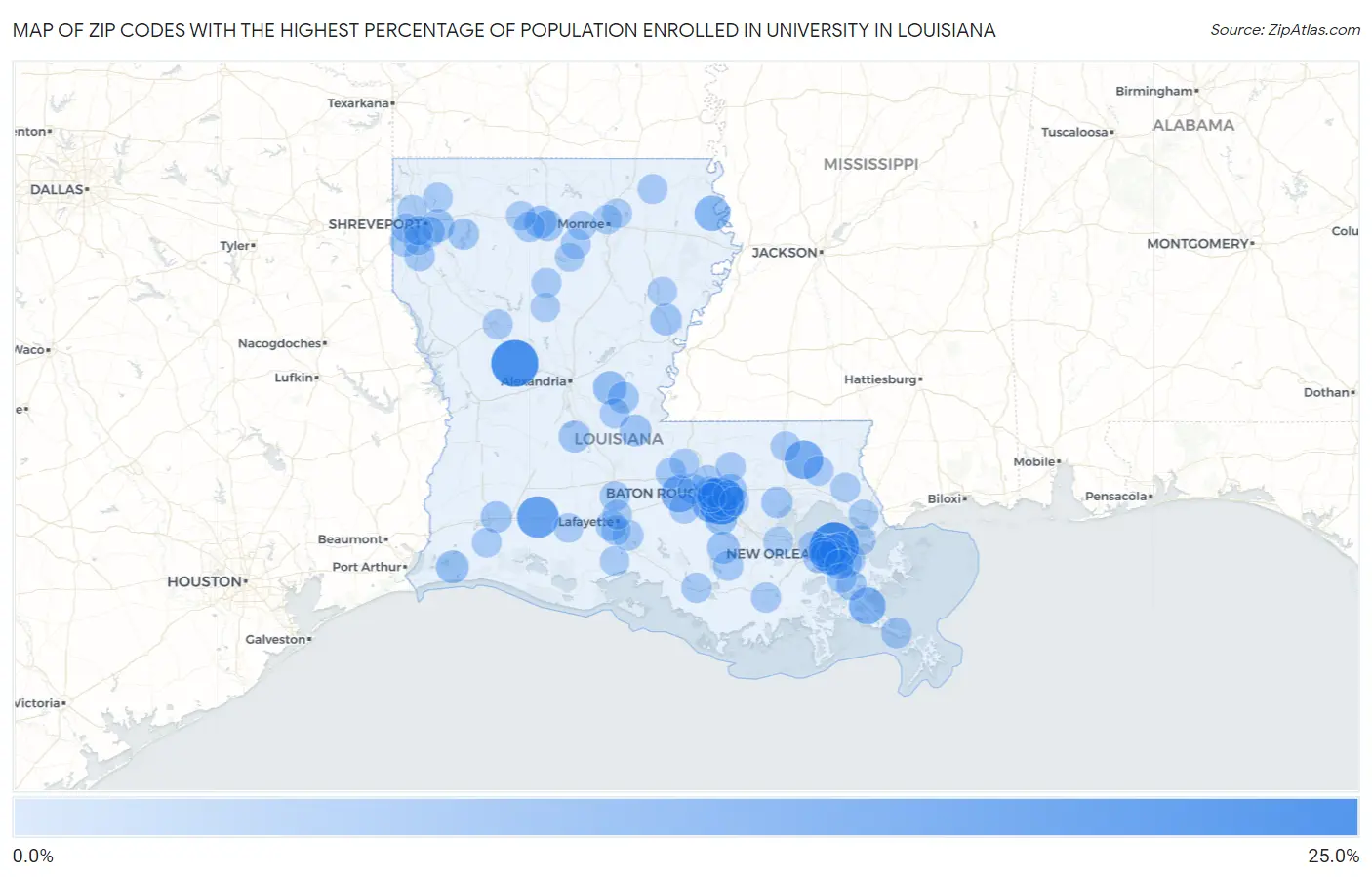 Zip Codes with the Highest Percentage of Population Enrolled in University in Louisiana Map