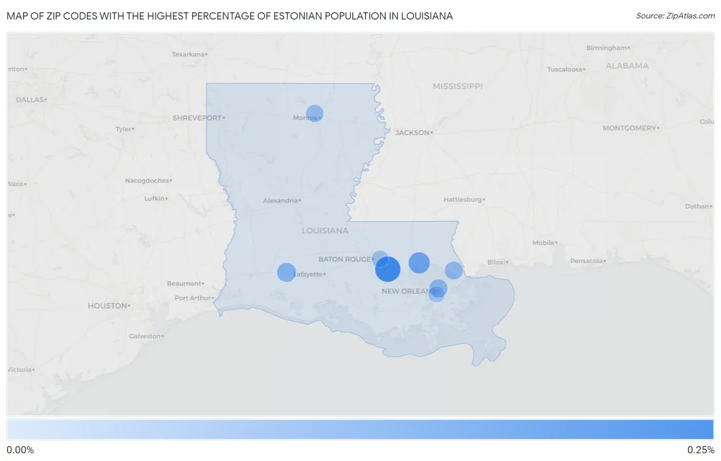Zip Codes with the Highest Percentage of Estonian Population in Louisiana Map