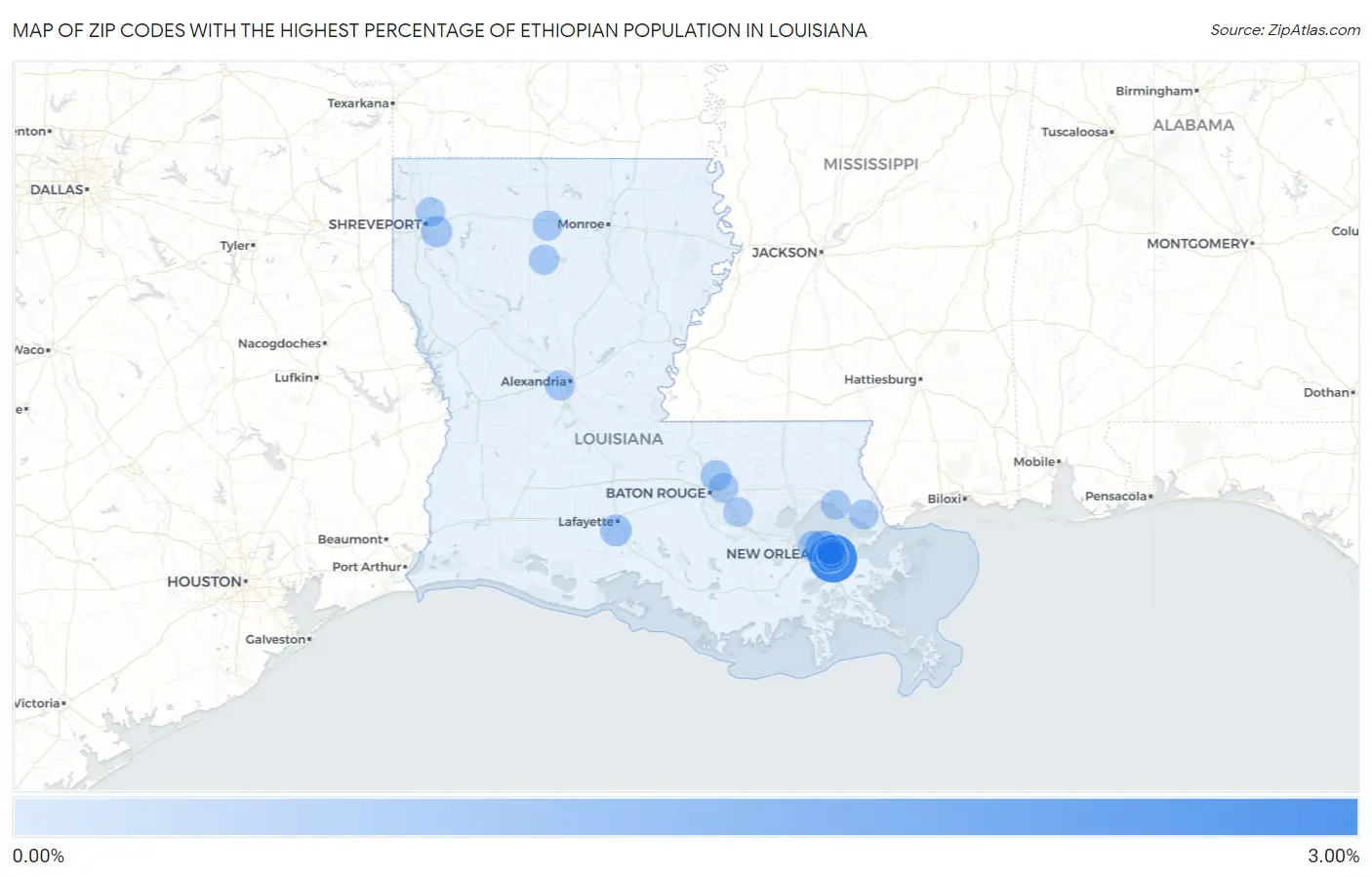 Zip Codes with the Highest Percentage of Ethiopian Population in Louisiana Map