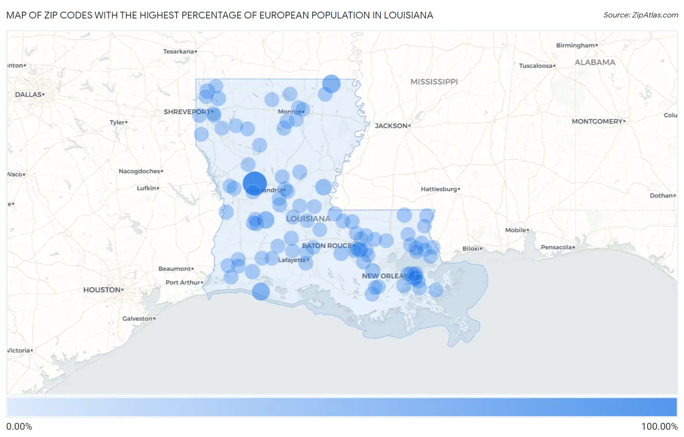 Zip Codes with the Highest Percentage of European Population in Louisiana Map