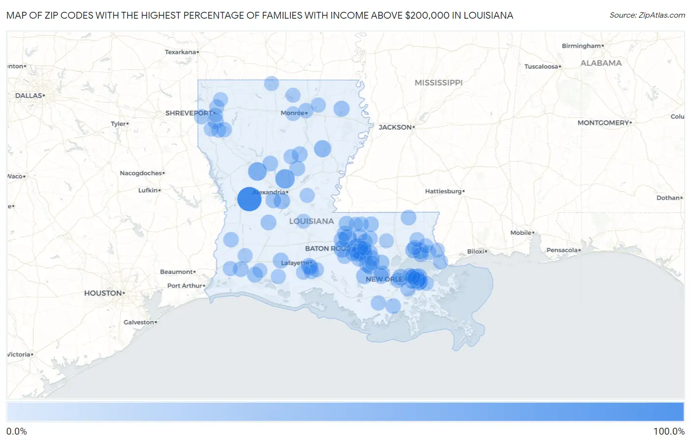 Zip Codes with the Highest Percentage of Families with Income Above $200,000 in Louisiana Map