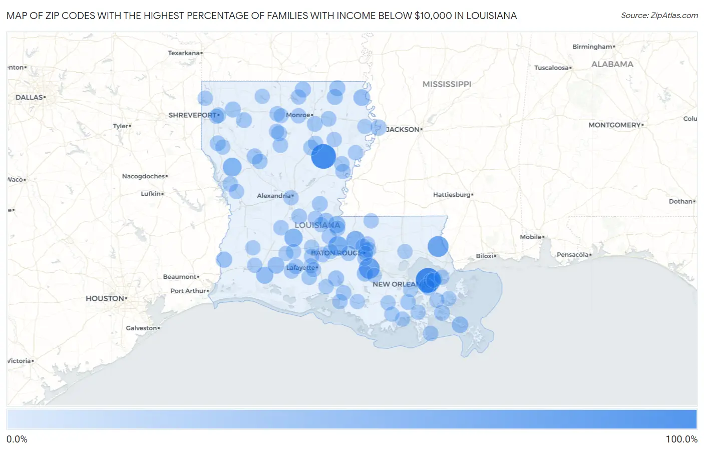 Zip Codes with the Highest Percentage of Families with Income Below $10,000 in Louisiana Map